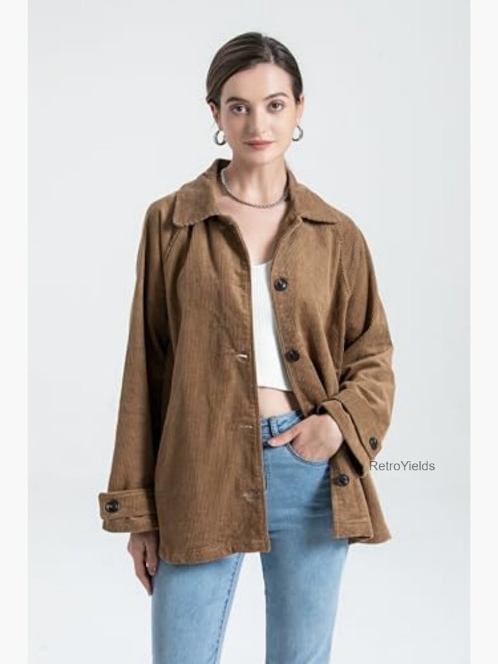 Women's Corduroy Button Down Coat Jacket With Pockets - Picture 2 of 7